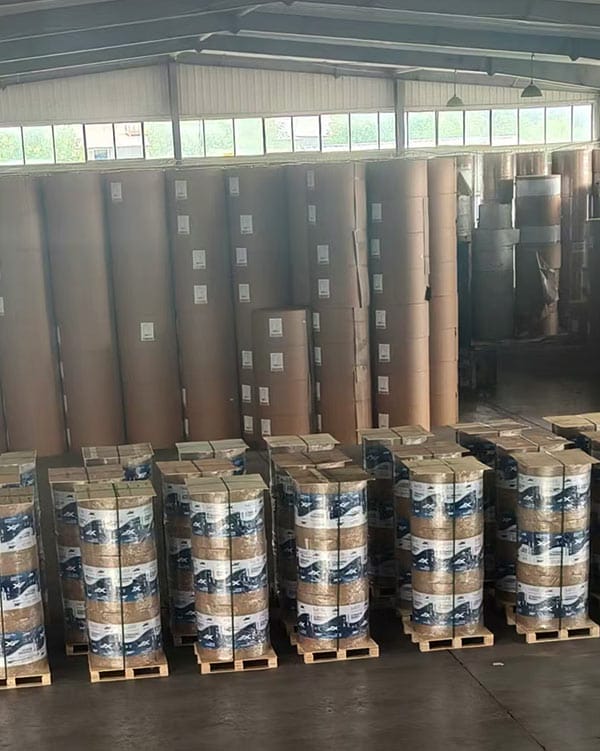 Palletized printed packaging rolls in the warehouse